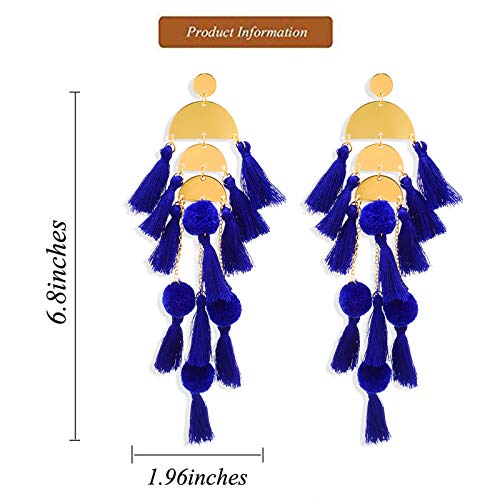 Long Tassel Earrings for Women Colorful Fringe Drop Dangle Earrings Bohemian Hawaiian Summer Beach Jewelry for Womens Vacation Outfits - color: Royal Blue