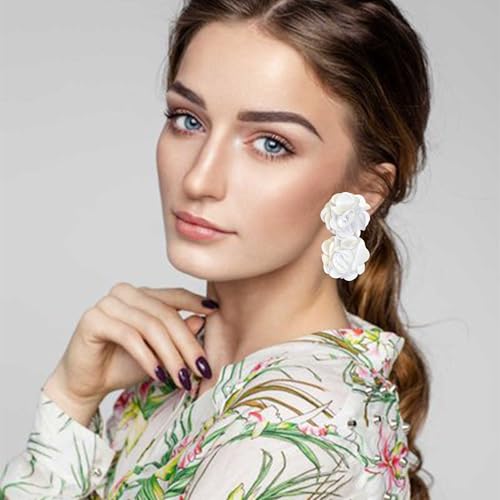 Oversized Fabric Flower Earrings for Women Statement Boho Chic Dangle Drop Earrings for Parties Weddings or Everyday Wear - color: White