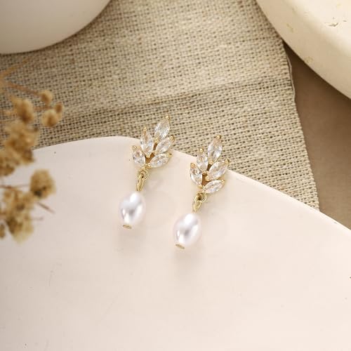 Pearl Earrings for Women Dainty Diamond Pearl Drop Earrings 14k Gold Plated Dangle Earrings for Women Weddings Gifts Bridesmaid Gifts - color: D-gold pearl earrings