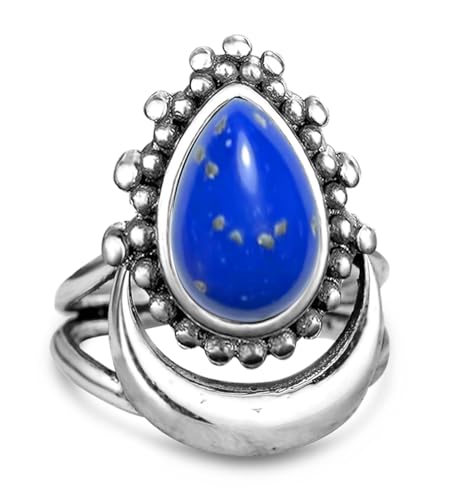 Crescent Moon Turquoise Stone Ring for Women,S925 Sterling Silver Waterdrop Shaped Gemstone Boho Statement Ring Jewelry Gift for Her - color: Ring_B