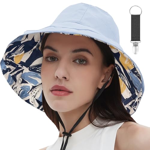vidsel Womens Sun Hats Wide Brim Reversible Bucket Cotton Hat Packable Summer Travel Cap with Hat Clip,UV Protection - color: Blue2, size: Medium