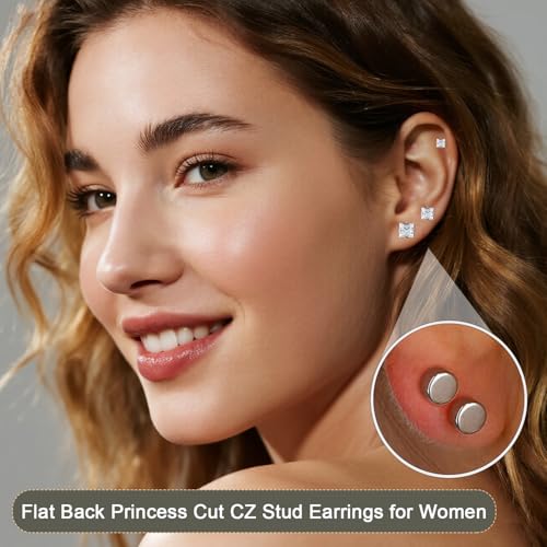 20G Hypoallergenic Surgical Steel Square Pearl Ball CZ Flat Back Stud Earrings for Sensitive Ear, Lightweight Shiny Earrings Studs for Helix Tragus Cartilage Multiple Piercing - color: Silver-B