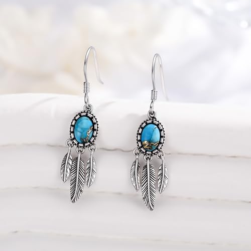 Natural Turquoise Earrings for Women Dangling 925 Sterling Silver Dangle Earrings Western Jewelry Christmas Gift for Sister Mother - style: C-Feather Earrings