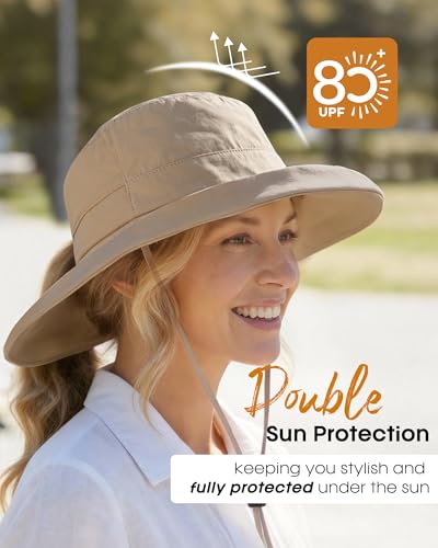 FURTALK Sun Hats for Women Wide Brim Ponytail Beach Sun Protection Hat with Fold-Up Brim Bucket Hat - color: Light Khaki