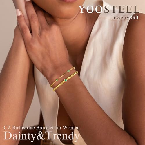 Yoosteel Dainty May Emerald Birthstone Bracelet for Women, 14K-Gold-Plated Stretch Beaded Clover Round Green CZ Link Bracelet Stack Trendy Jewelry Birthday Gifts