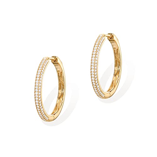PAVOI 14K Gold Plated 925 Sterling Silver Posts Cubic Zirconia Hoop Earrings for Women | Halo CZ Gold Huggie Hoops - color: Yellow Gold, size: 30 Millimeters