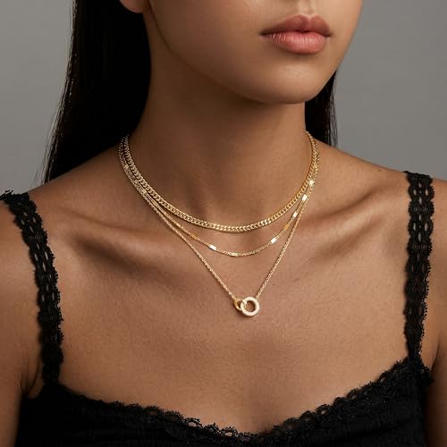 WomenGifts Layered Gold Necklaces for Women, 14K Gold Sterling Silver Plated Dainty Pendant Necklace Set Non Tarnish, Chunky Stackable Cuban Chain Choker, Trendy Birthstone Vacation Jewelry Gift - color: Gold, style: Double Circle