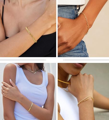 Dearmay Gold Bracelets for Women Waterproof, 14K Gold Plated Minimalist Bracelets Stack Non Tarnish Trendy Dainty Herringbone Vintage Cuban Paperclip Rope Thin Box Link Chain Stackable Jewelry Sets Modern Fashion Accessories Gifts for Womens - style: 5Pcs