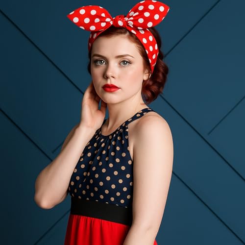 Hicarer 2 Pieces Polka Dot Headband Bandana Headband 50s Costume Hair Accessories Bows Wide Head Wrap for Women(Red, Black,Big Dots) - color: Red, Black, style: Big Dots