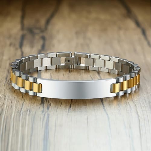 Custom Mens Bracelet Personalized Watch Band Engraved Name Bracelets for Men Customized ID Cuff Wristband Gift for Dad Husband - style: Silver&Gold-1.5cm