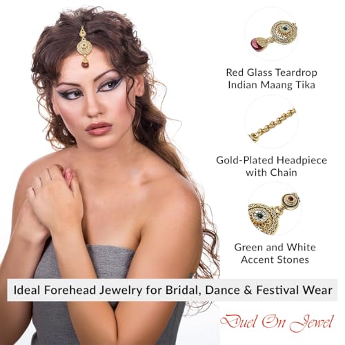 Duel On Jewel Indian Ethnic Jewelry Bundle for Women, Gold Plated Bell Anklet Payal Set with Teardrop Charms and Traditional Maang Tikka Headpiece, Bridal Festive Boho Wedding Dance Accessories