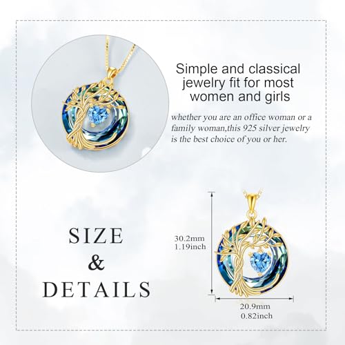 POPLYKE Mothers Day Gifts for Mom Her Wife Tree of Life Necklace 925 Sterling Silver Birthstone Pendant with Crystal Anniversary Birthday Wedding Jewelry for Women - color: 12-Dec-Blue Topaz, style: 18K Gold Plated-Blue Crystal