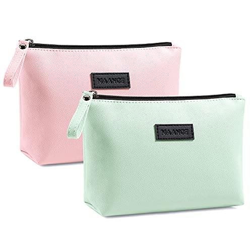 MAANGE Cosmetic Bags for Women Small Makeup Bag for Purse Pu Leather Makeup Pouch Travel Makeup Bag with Zipper Make Up Bag for Travelling - color: Pink + Green
