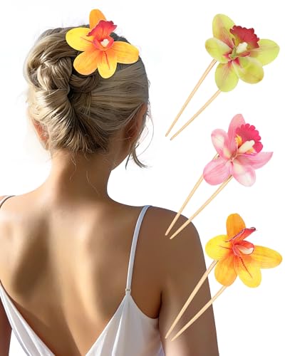 WELROG 3 Pack Hawaiian Orchid Flower Hair Pins,Metal Hair Sticks for Beach Vacation,Non-Slip Fork for Thick Hair Updo - color: Yellow+Pink+Greem