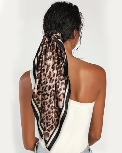 AWAYTR 35” Satin Head Scarf for Women Like Silk Scarf for Hair Scarf Satin Hair Bandana Women Headscarf Hair Wrap Scarf Neck - color: Leopard - Champagne