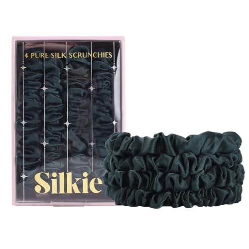 SILKIE x4 Set 100% Pure Mulberry Silk Green Skinny Scrunchies Travel Pouch Everyday Hair Ties Elastics Hair Care Ponytail Holder No Damage (Emerald) - color: Emerald