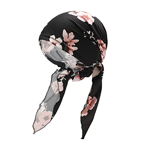 ZLYC Chemo Headwear Pre Tied Head Scarf Headwraps Lightweight Turban Beanie Cap for Women - color: Floral Black