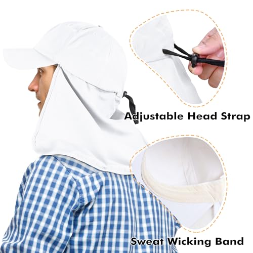 Tirrinia Wide Brim Sun Hat with Neck Flap for Men & Women, Breathable Hiking Fishing Safari Hat, Outdoor UV Protection Cap - color: White