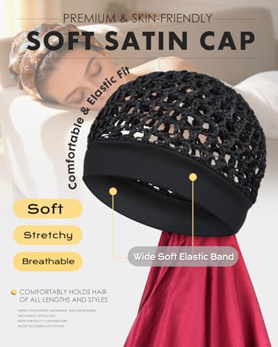 Silk Like Press Wrap Cap with Attached Hair Net Scarf - 2 in 1 Satin Scarf for Women, Soft Headband Hair Wrap for Sleep (Wine) - color: Wine