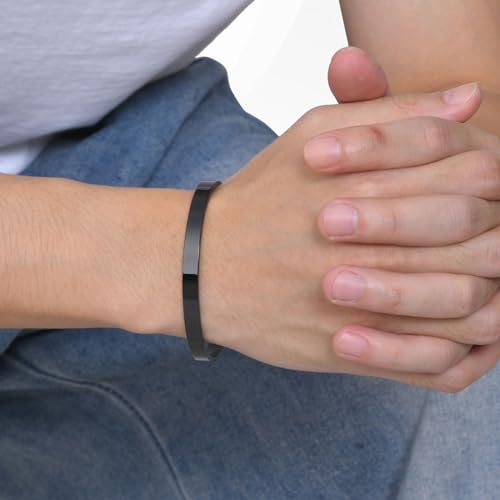 MEALGUET Stainless Steel Mens Cuff Bracelet : Minimal Cool Silver/Black/Gold Plated Open Metal Cuff Bangle Bracelets for Men,Mens Bracelet Jewelry Gift - color: Black-Single, size: Medium( fit 5.5"-7.2" wrist)