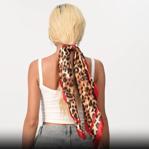 Leopard Print Head Scarf for Women Like Silk Satin Scarf for Hair Wrapping at Night Bandana Square Scarf 35 Inches - color: Red 1