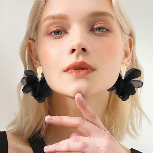 Handmade Fabric Flower Petal Fringe Dangle Drop Earrings Bohemian Floral Tassel Stud Earrings For Women - color: Black
