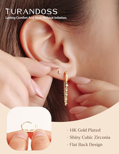 Turandoss Gold Hoop Earrings for Women, Small Hoop Chain Dangle CZ Stud Earrings, Minimalist Gold Earrings for Multiple Piercings, Lightweight Everyday Jewelry for Women