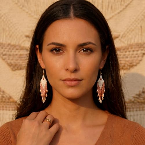 Bohemian Beaded Long Tassel Dangle Earrings for Women, Handmade Jewelry White Tarnish Resistant Lightweight Design, Stylish Accessory for Beach Vacation Party and Gift - color: Pink
