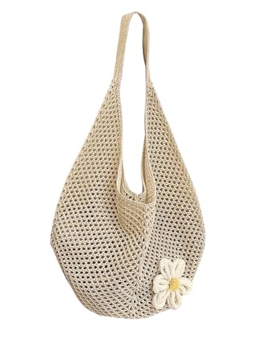 OYOANGLE Women's Floral Applique Crochet Beach Tote Bag Summer Boho Mesh Woven Tote Bag - color: Beige