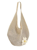 OYOANGLE Women's Floral Applique Crochet Beach Tote Bag Summer Boho Mesh Woven Tote Bag - color: Beige