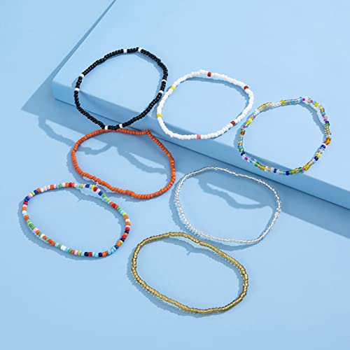 Rrdaily Boho Multilayer Handmade Beaded Anklets for Women,Elastic Adjustable Colorful String Anklets Beach Foot Jewelry (A)