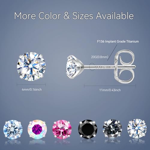 Moissanite Stud Earrings, G23 Hypoallergenic Titanium Stud Earrings for Women Men, Round Cut D Color VVS1 Clarity 18K White Gold Palted Multicolor Moissanite Jewelry, 0.6CT-3.0CT - color: White, size: (0.3ct*2)-4mm-0.6 Carat