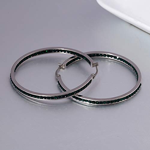 CiNily Mult-colors Crystal Stainless Steel Hoop Earring for Women Hypoallergenic Jewelry for Sensitive Ears Large Big Hoop Earrings 2" - color: Dark Green
