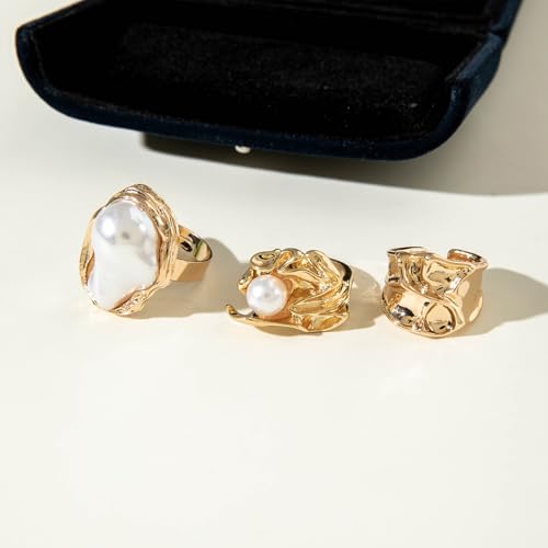 Chunky Gold Rings for Women Non Tarnish Statement Flower Ring Baroque Pearl Stackable Rings Set 6Pcs Chunky Jewelry - color: Gold 5
