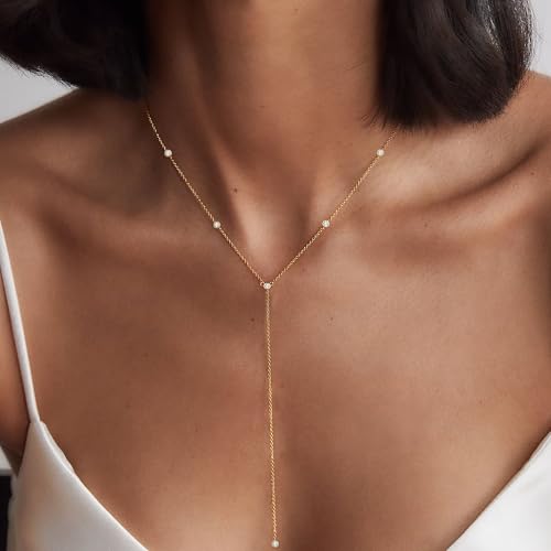 Foxgirl Lariat Gold Necklace for Women, Dainty Long Necklace 14k Gold Plated/Silver Y-Shaped Pendant Necklace Trendy Layered Cz Beaded Chain Drop Necklaces Simple Gold Jewelry For Women Gift - color: Y five diamond-GD