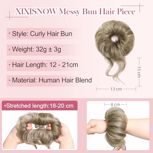 Real Human Hair Messy Bun Hair Piece for Women, 32g Curly Updo Extensions Scrunchie, Natural Looking Fake Bun Hairpiece Faux Pieces for Thick Thin Hairs Ash Brown Mix Ash Blonde - color: Ash Brown Mix Ash Blonde