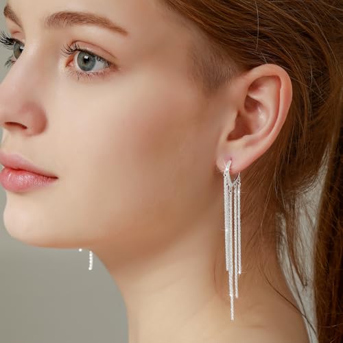 Long Dangle Earrings for Women 925 Sterling Silver/14K Gold Plated Tassel Chain Dangle Drop Earrings for Women Dainty Minimalist Dangling Drop Earrings for Prom Party Jewelry - style: Chain-4-Silver