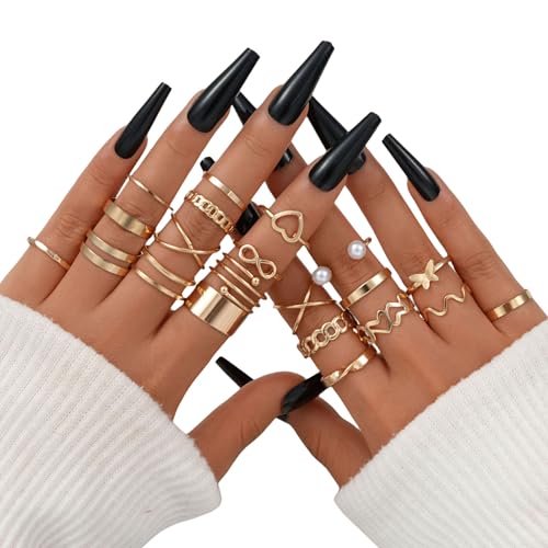 FAXHION 25 PCS Gold Stackable Rings Set for Women, Simple Twist Knuckle Finger Ring Trendy, Dainty Stacking Statement Thumb Rings Pack Jewelry Gift - color: B-gold