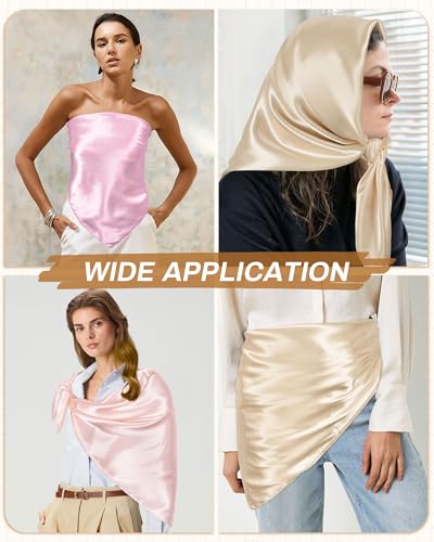 Mesovor 35” Square Head Scarf for Women, 3 Pack Like Silk Satin Headscarf Hair Neck Scarf Top Bandanas for Sleeping - color: Pink + Dusty Pink + Camel