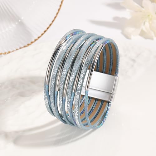 VIBILIA Boho Leather Wrap Bracelets for Women Men Multi-Layer Bracelets with Strong Clasp Western Jewelry - color: 10-Simple Style-Light blue