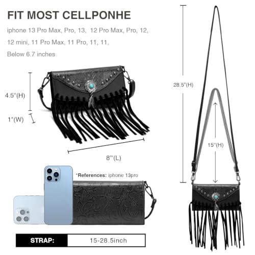 LAVAWA Women's Crossbody Handbag Small Vintage, Ladies Wallet Western Adjustable Phone Purse Clutch Turquoise Concho Embossed - color: Black