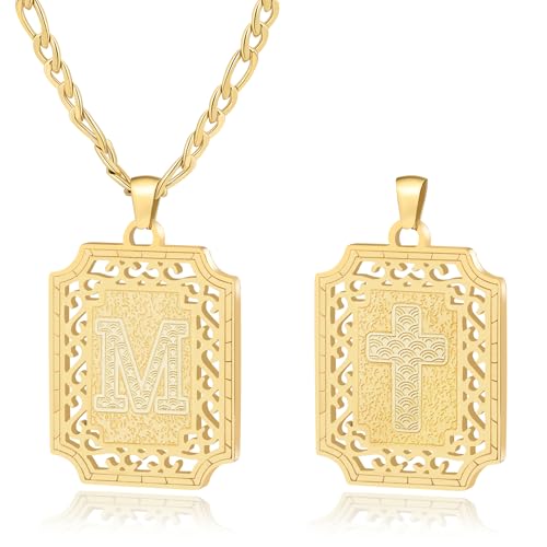 LETFLY Initial Necklaces for Women Men, 18K Gold Plated Letter Cross Pendant Necklace Alphabets A-Z Figaro Chain Jewelry Gifts - color: Square, style: Letter M