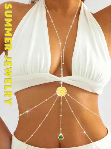 Gold Body Chain for Women Layered Rhinestone Waist Chains Summer Beaded Bra Body Jewelry Gifts - color: Green