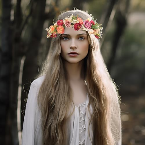 Vivivalue Women Floral Crown Rose Flower Headband Hair Wreath Floral Headpiece Halo Boho with Ribbon Wedding Party Festival Photos - color: 1