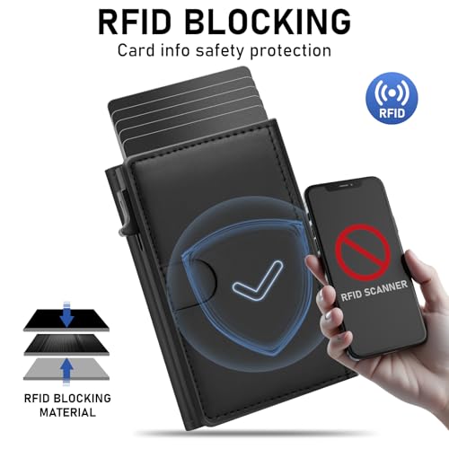 Mens Wallet Credit Card Holder Mens Front Pocket Wallet Leather Wallets for Men With Rfid Blocking Pop Up Aluminum Case Black Trifold Magnetic Money Clip Gift Ideas - color: Black