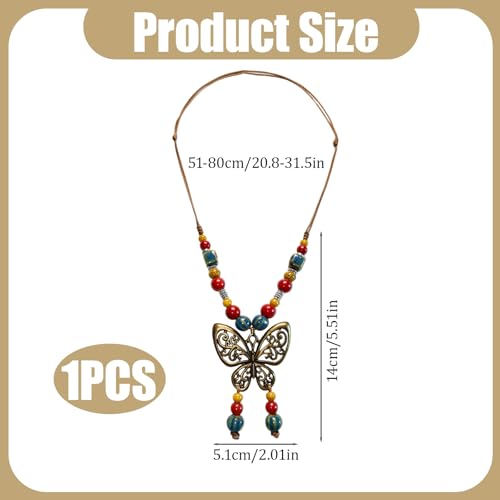Boho Necklace for Women,Vintage Butterfly Pendant Necklaces,Adjustable Wooden Beads Layered Braided Choker,Fashion Tribal Style Leather Rope Necklace Jewelry,Chunky Statement Gift for Women - color: Colorful1