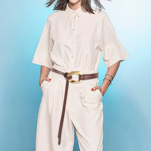 Genuine Leather Double Strap Tie Belt Adjustable Brown Cowhide Skinny Waistband - color: Dark Brown