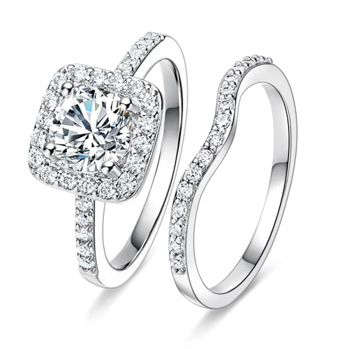 MDFUN 18K White Gold Plated Cubic Zirconia Two-in-One Halo Wedding Engagement Promise Eternity Ring for Women