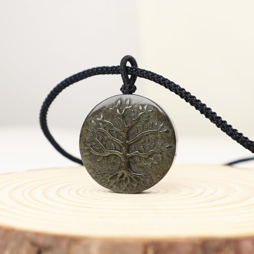 Obsidian Tree of Life Necklaces Orgonite Healing Crystal Stone Pendant Necklace for Spiritual Healing and Meditation Energy Talisman Sacred for Men Women - color: Gold Sheen Obsidian
