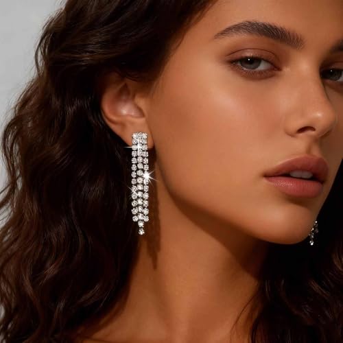 Vintage Crystal Chandeliers Drop Earrings Silver Rhinestone Dangle Earrings Silver Cz Paved Tassel Chain Earrings Wedding Chandelier Earrings Jewelry for Women